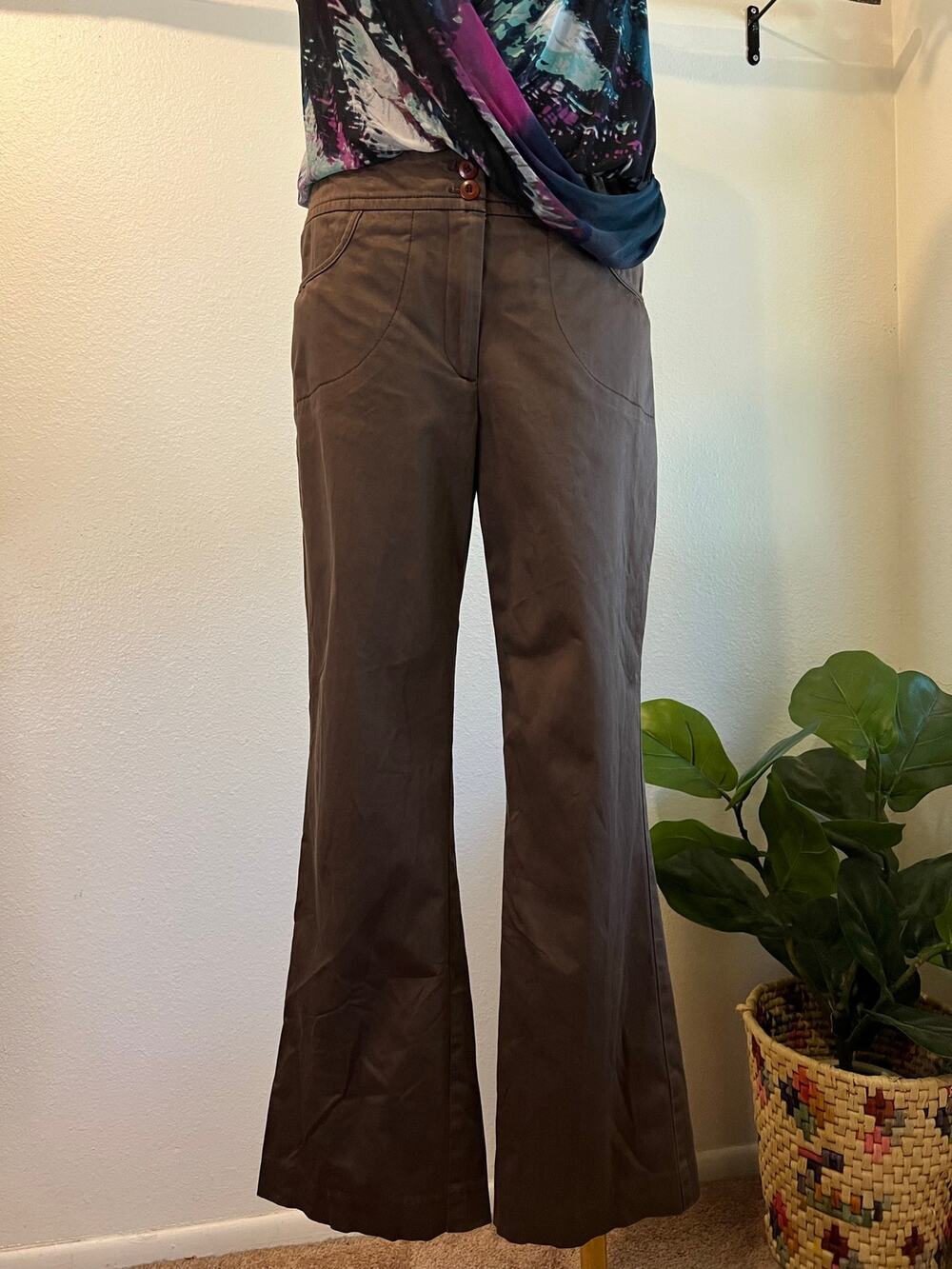 Y2K Tribal Chocolate Brown Low Rise Flared Cotton Double Button Pants Size 6